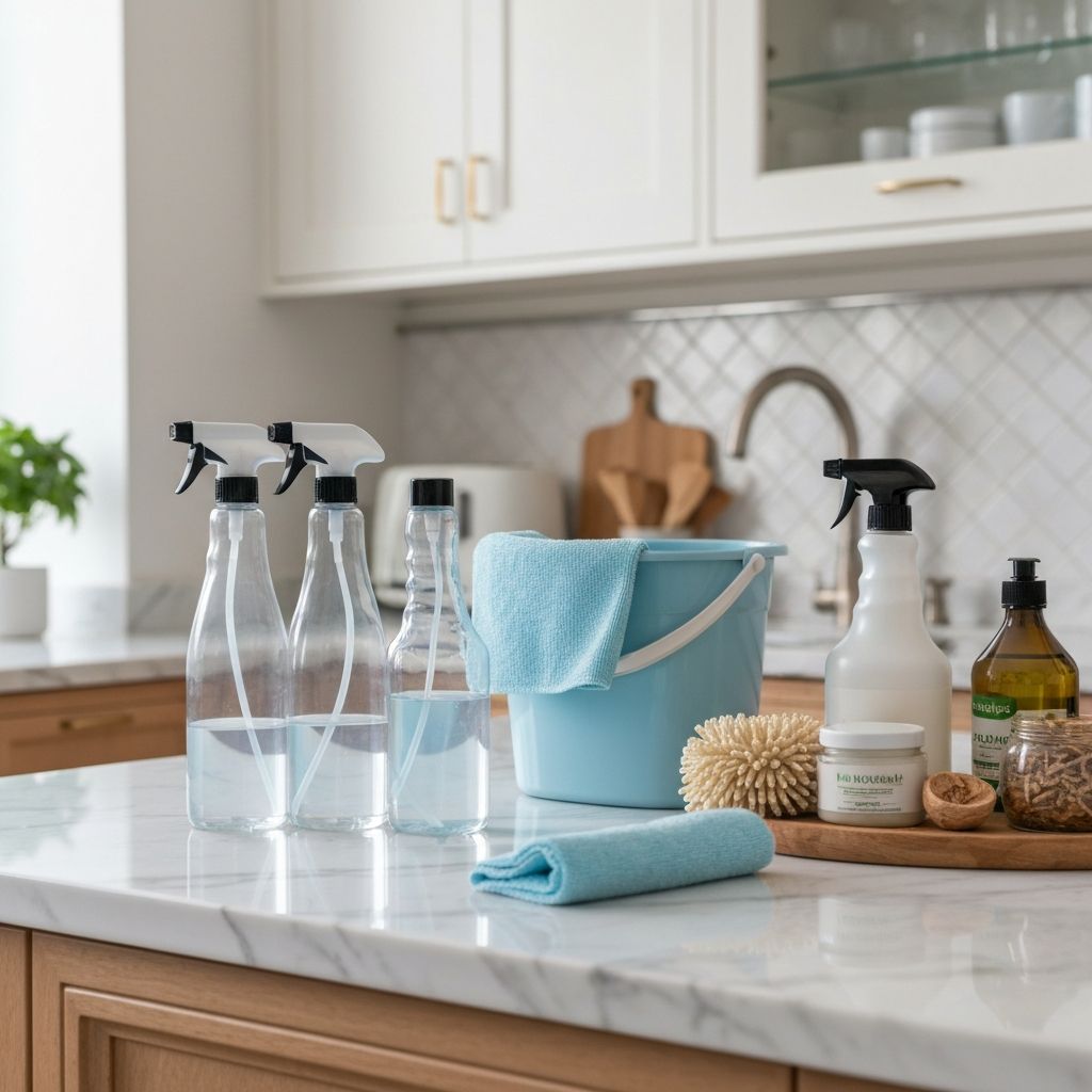 Professional cleaning supplies in luxury kitchen