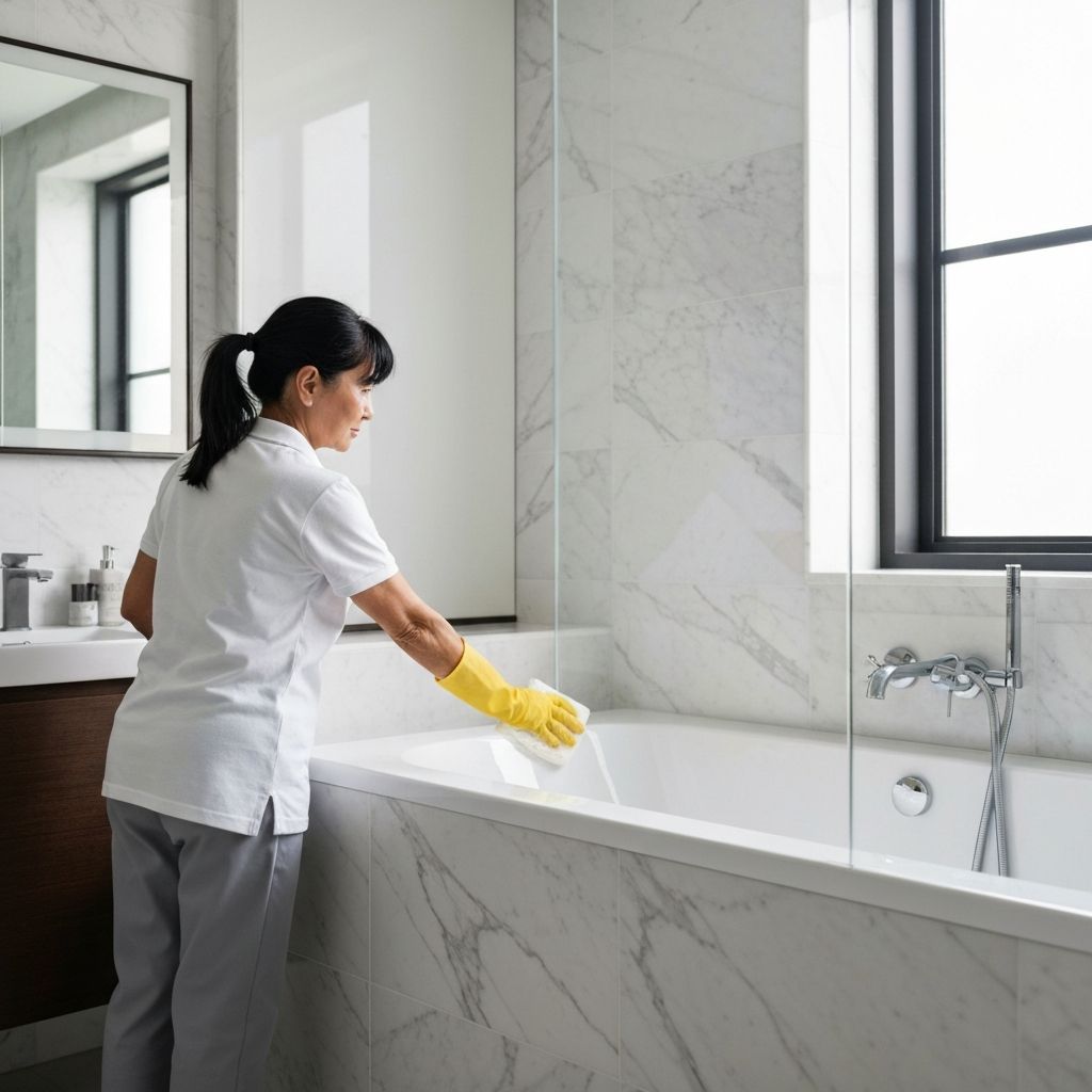 Professional cleaner scrubbing luxury bathroom