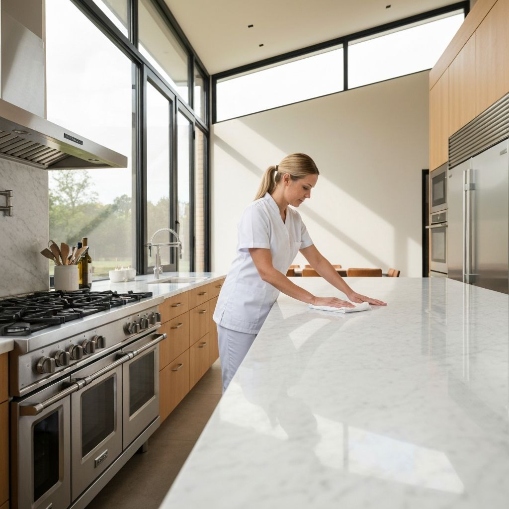 Professional cleaner in luxury kitchen