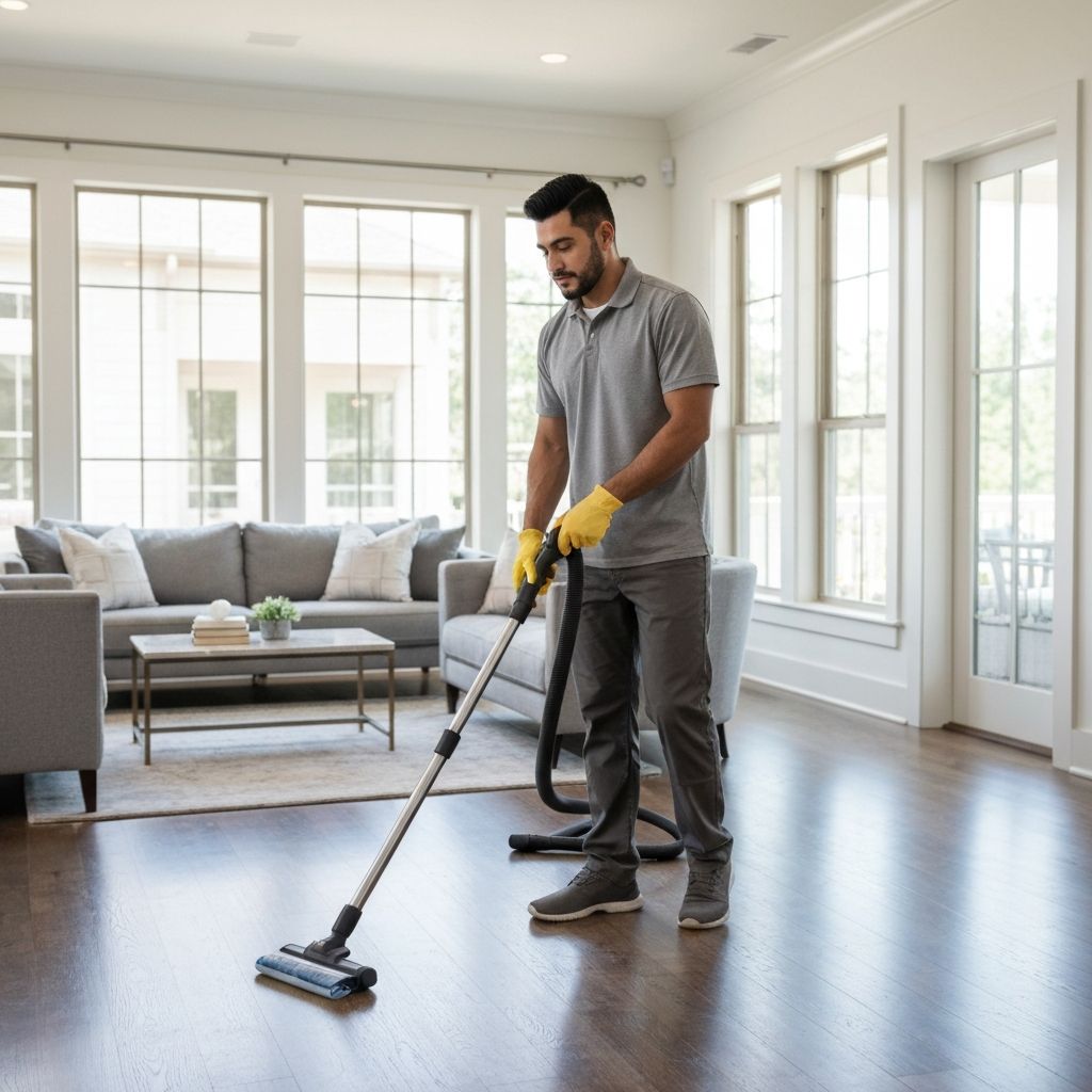 Professional cleaner vacuuming upscale living room